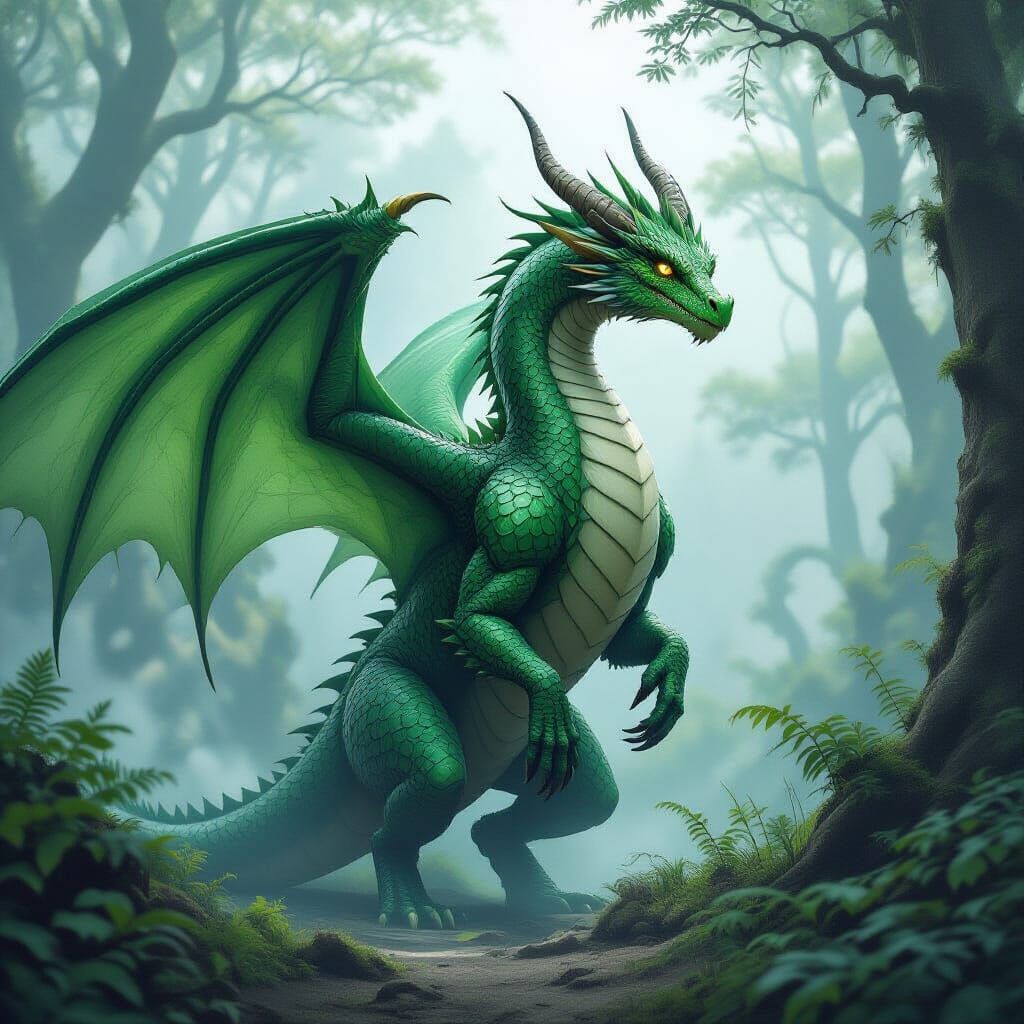 Green Dragon Soaring Through Mythical Forest