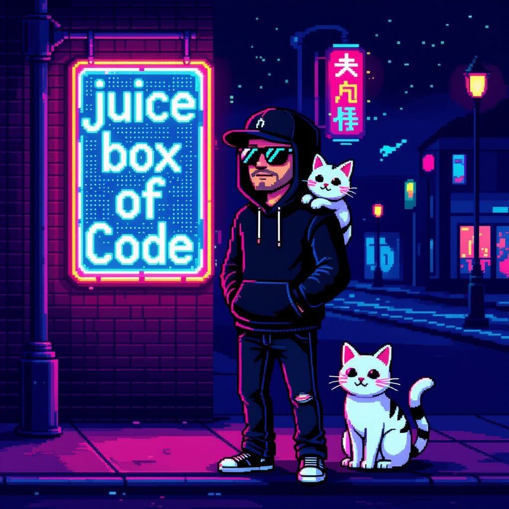 Pixel Art Man with Cat and Neon Sign