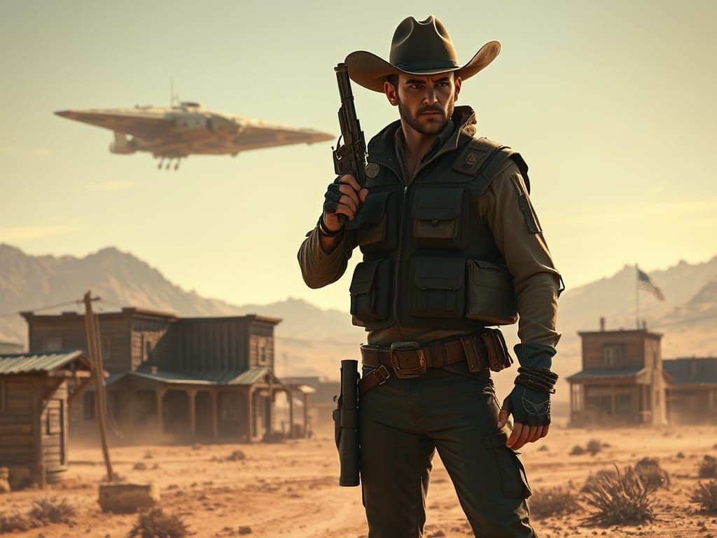 Cyberpunk Gunslinger Stands Tall in Alien Western Town