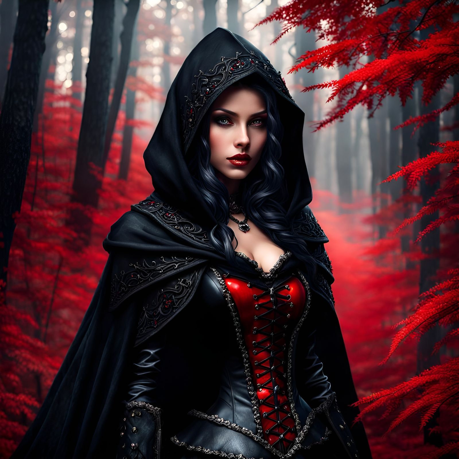 Gothic Red Riding Hood Portrait in Dark Forest