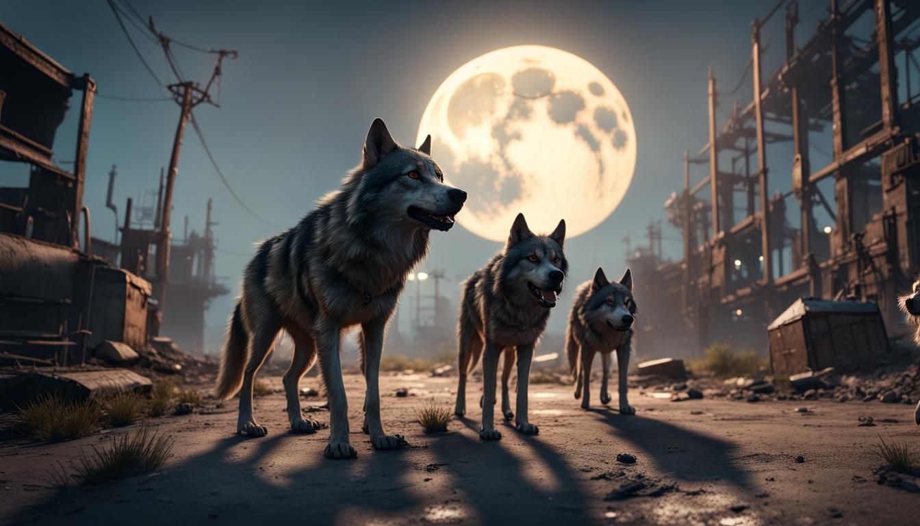 Dire Wolves in Post-Apocalyptic Landscape, 3D Render
