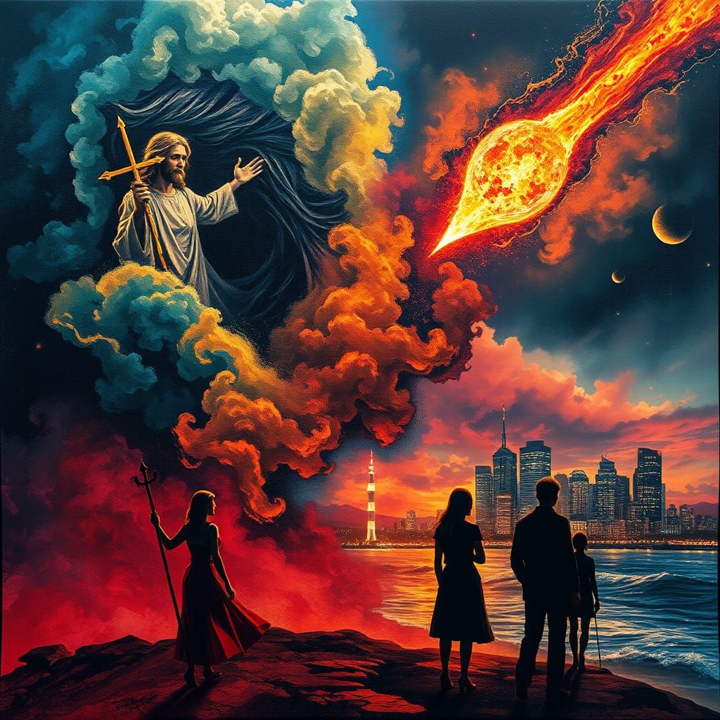 Surreal Abstract Batik of Jesus, Ladies, and Comet