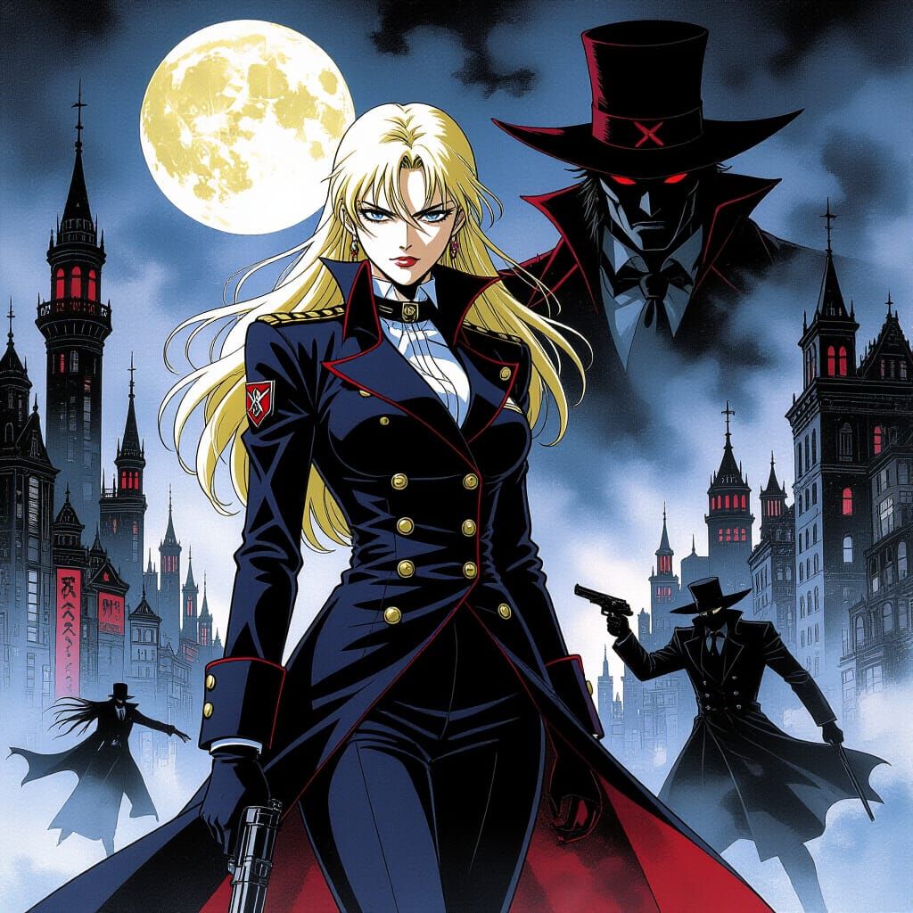 Hellsing Uniform in Gothic Cityscape, Dark Fantasy Style