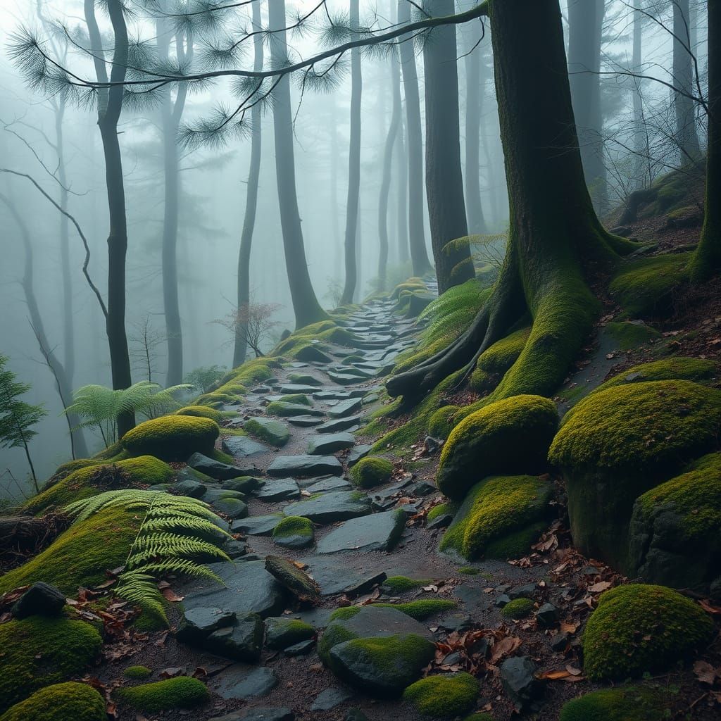 Misty Forest Path in Classical Landscape Style