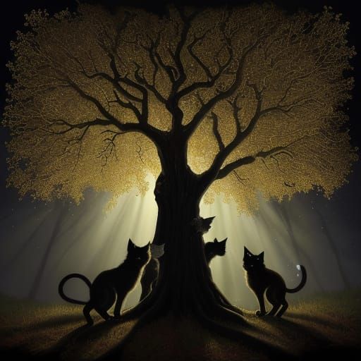 Majestic Oak Tree Surrounded by Whimsical Witches and Kitten...