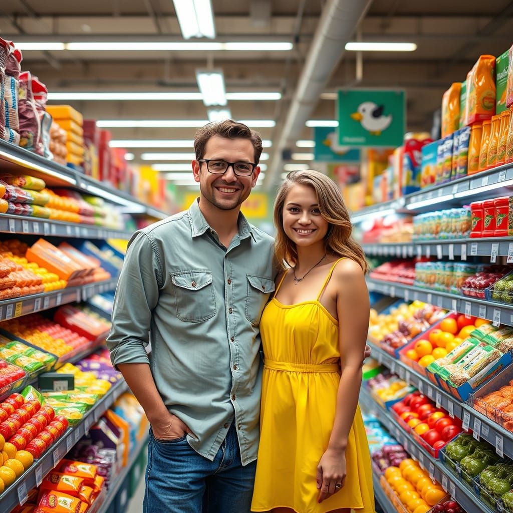 Couple Shopping in a Grocery Store with Whimsical Realism
