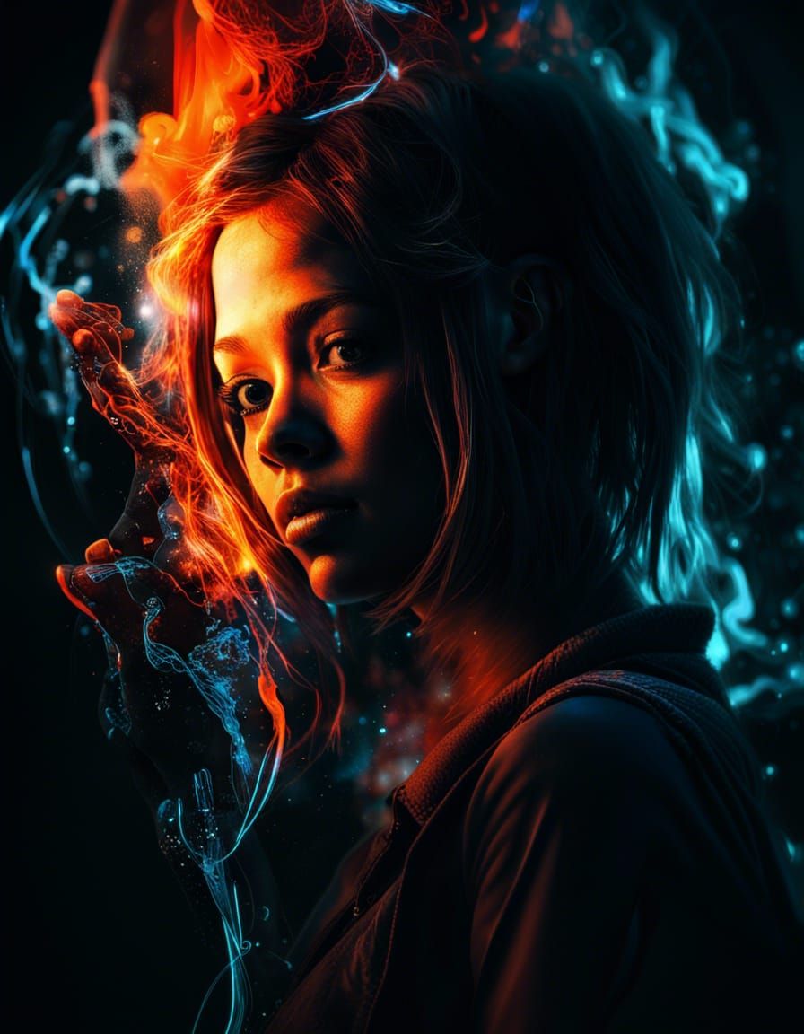 Radiant Girl Entranced by Fiery Nebula