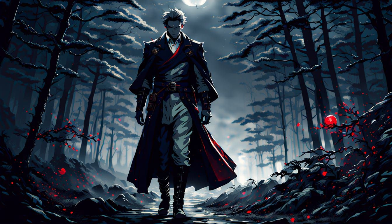 Dark Fantasy Anime Hero Stands Tall in Misty Forest