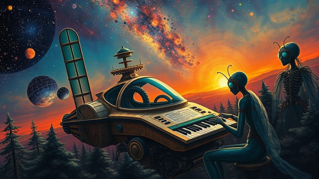 Surreal Spaceship Sails Through Vibrant Sunset Galaxy with G...