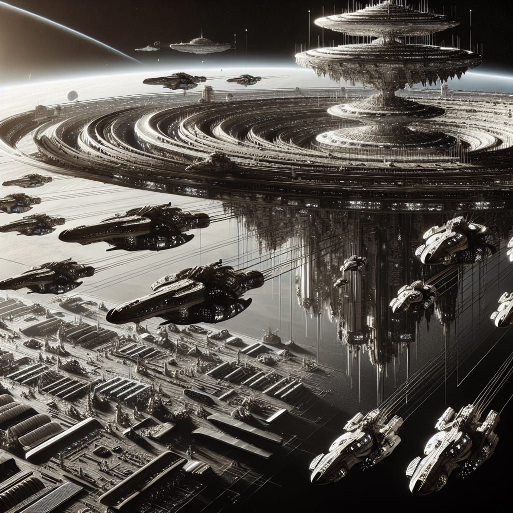 Imposing Spaceships Hovering Over Orbital Outpost