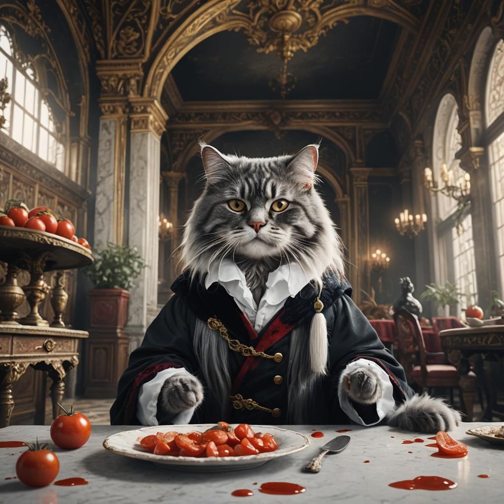 Noble Cat in Royal Robe Enjoying Tomatoes