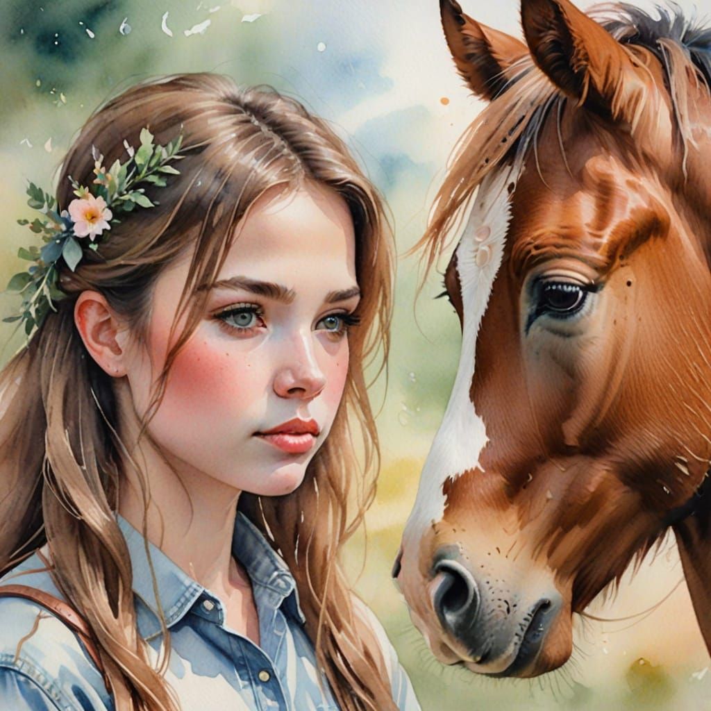 Watercolor Portrait of Cowgirl and Pony in Pastel Colors
