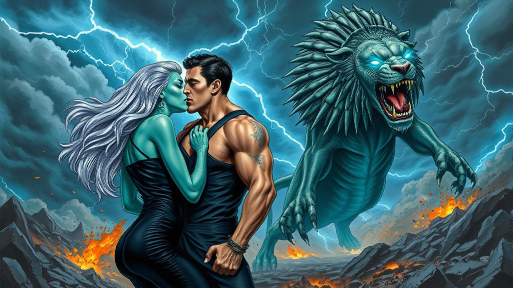 Alien Woman Kisses Human in Apocalyptic Battlefield