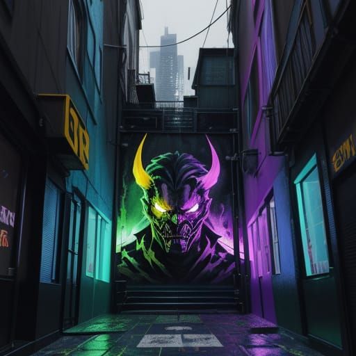 Vibrant Demon Slayer Battles Fiend in Neon-Lit Alleyway