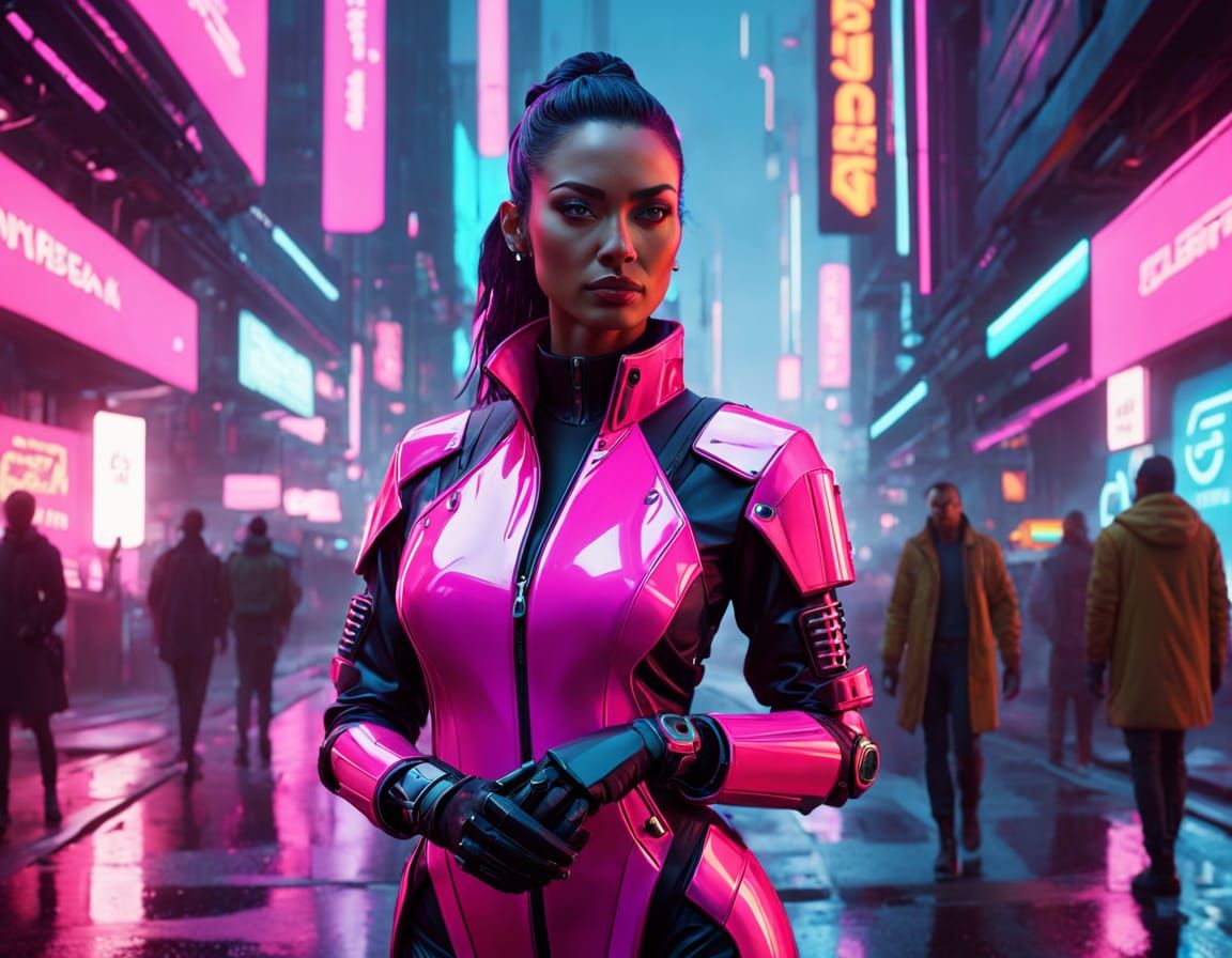 Cyberpunk Scientist with Prosthetic Arm in Neon Cityscape