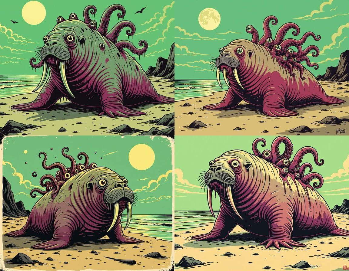 Mutated Walrus on Decaying Beach, Horror Illustration