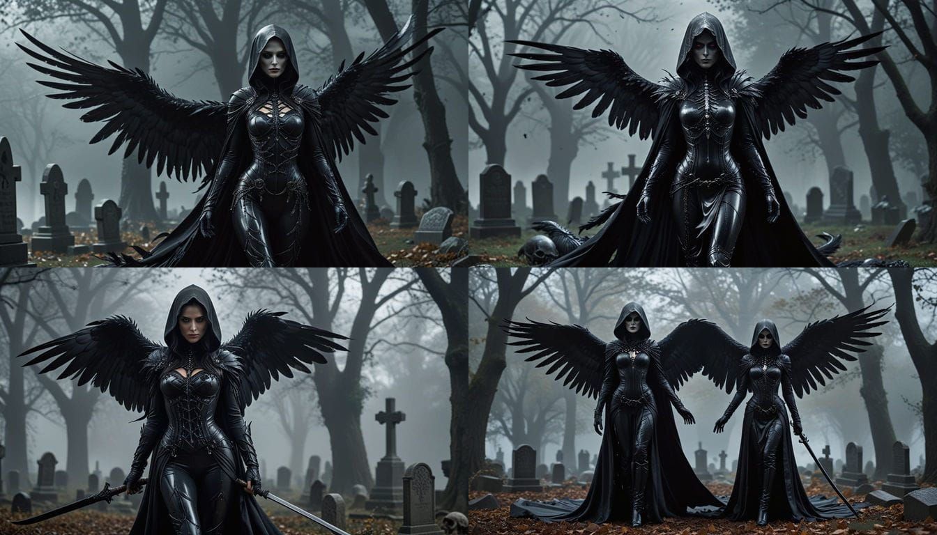 A female figure grim reaper stands in an ethereal setting, s...