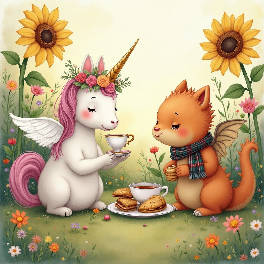 Whimsical Tea Party with Unicorn and Dragon