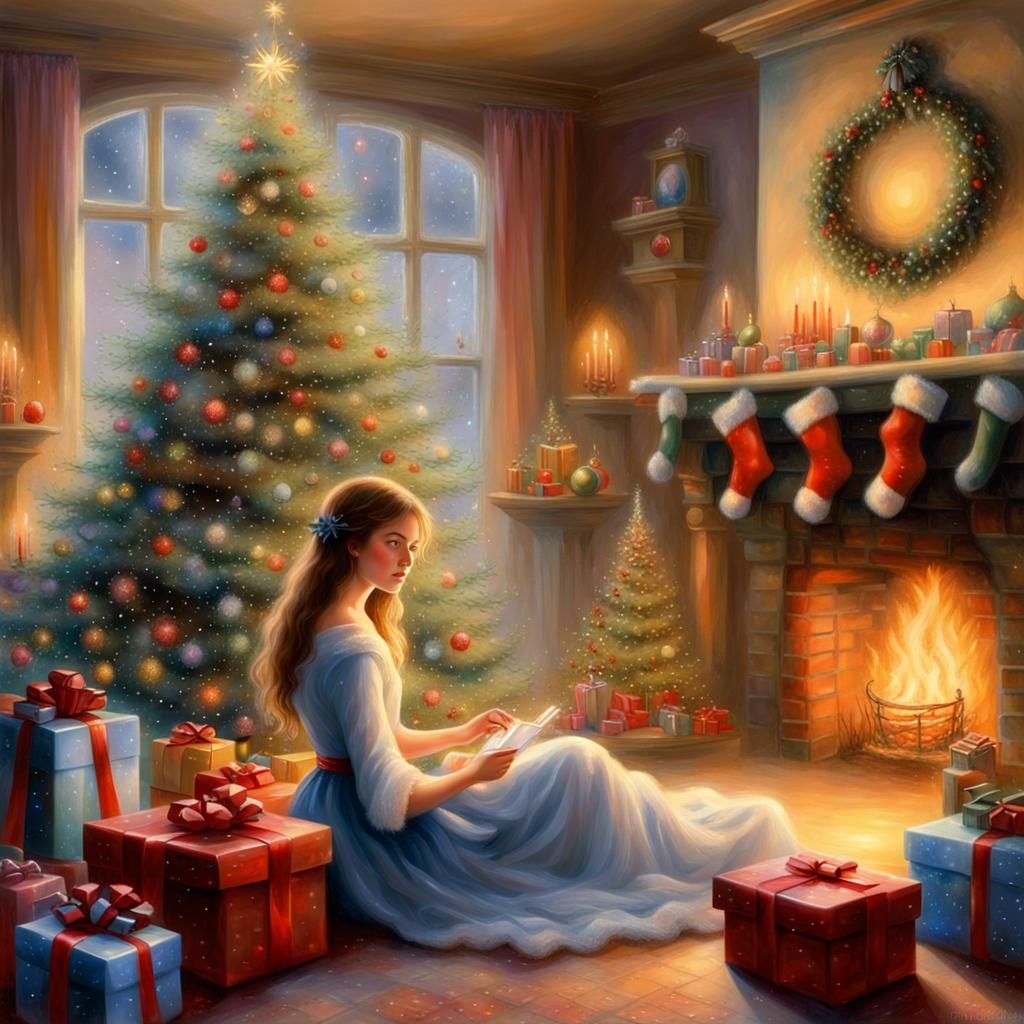 Ethereal Girl in Christmas Fantasy Landscape