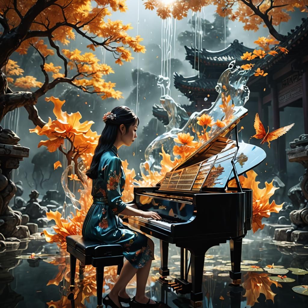 Piano and Girl in Double Exposure