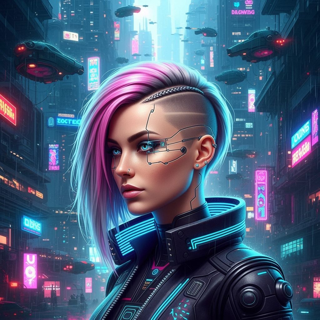 Cyberpunk Woman with Braided Pixie Cut in Neon City