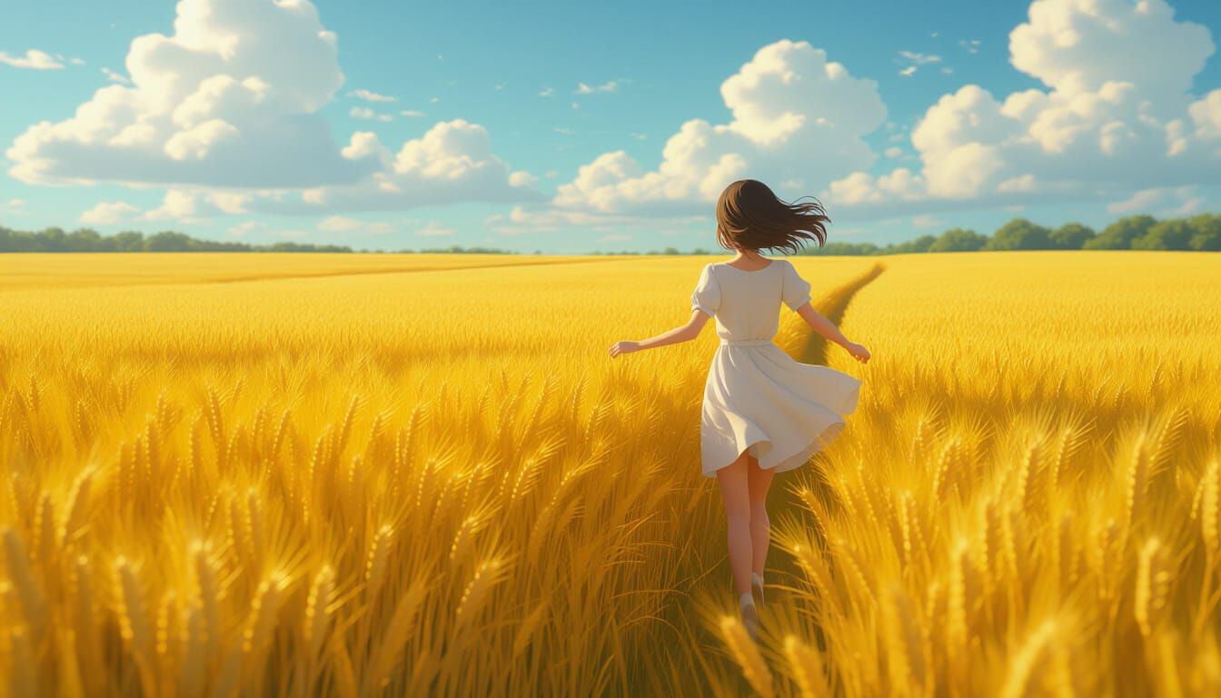Girl in Golden Wheat Field, Anime 3D Art