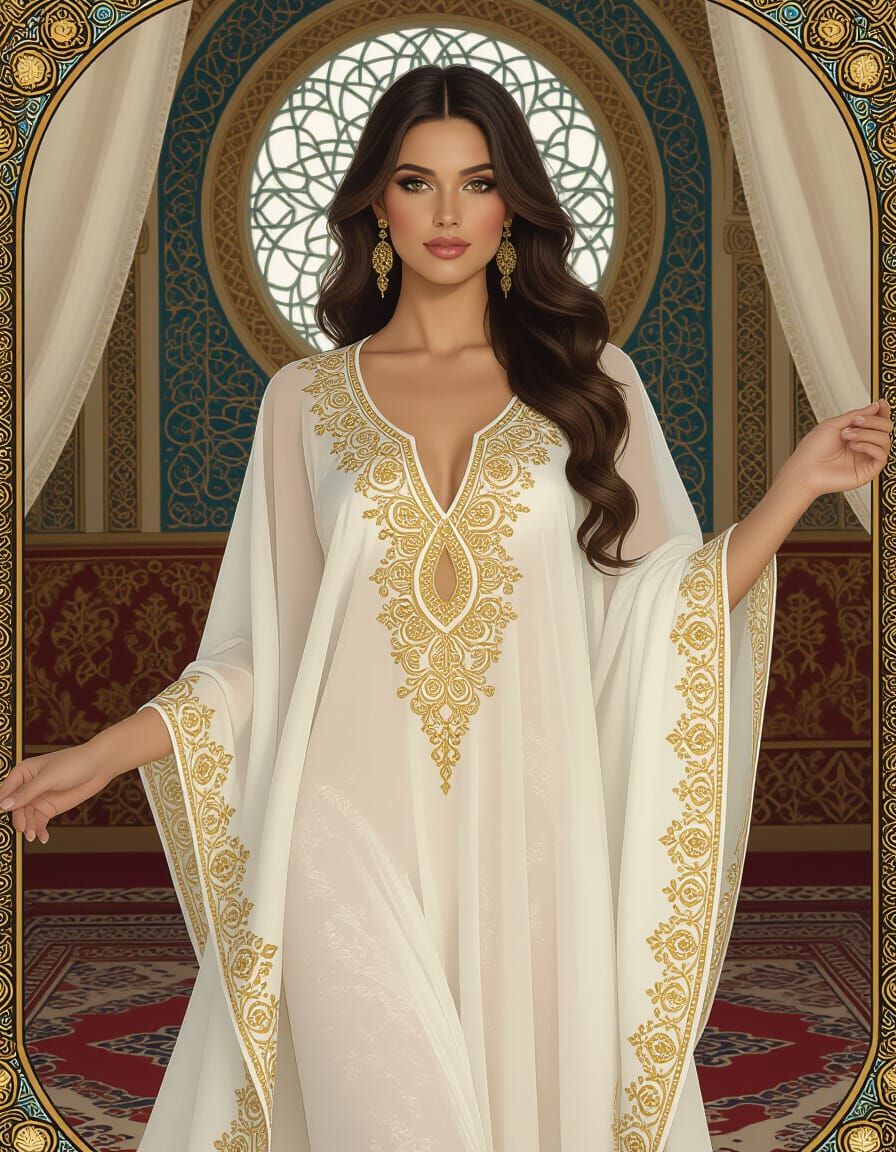 Woman in Sheer Tunic in Opulent Harem, Art Nouveau Style