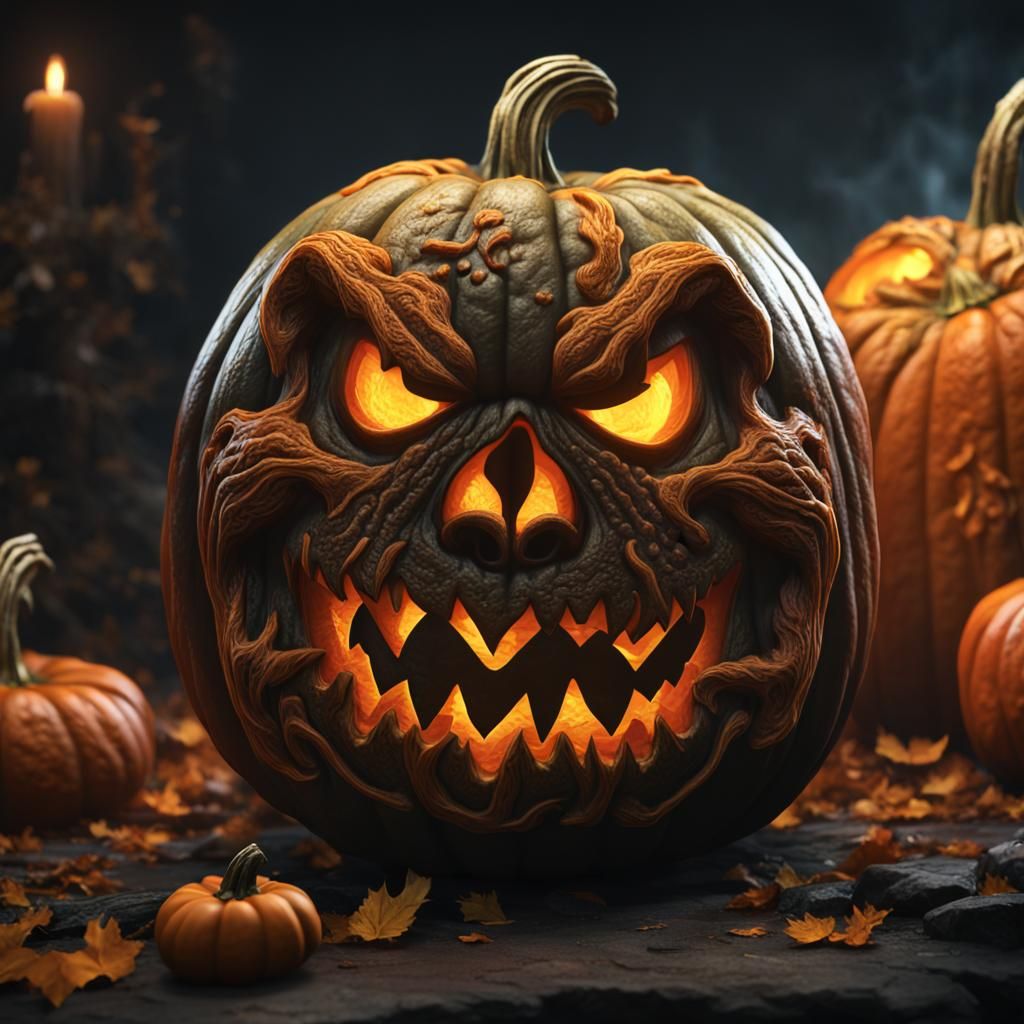 Scary Detailed Carved Pumpkin with Obscure Face in 8k