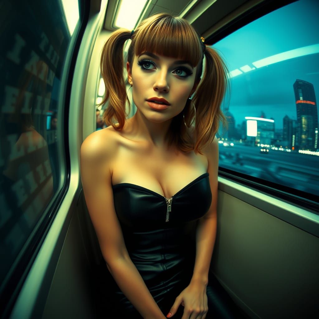 Neon City Train View with Woman