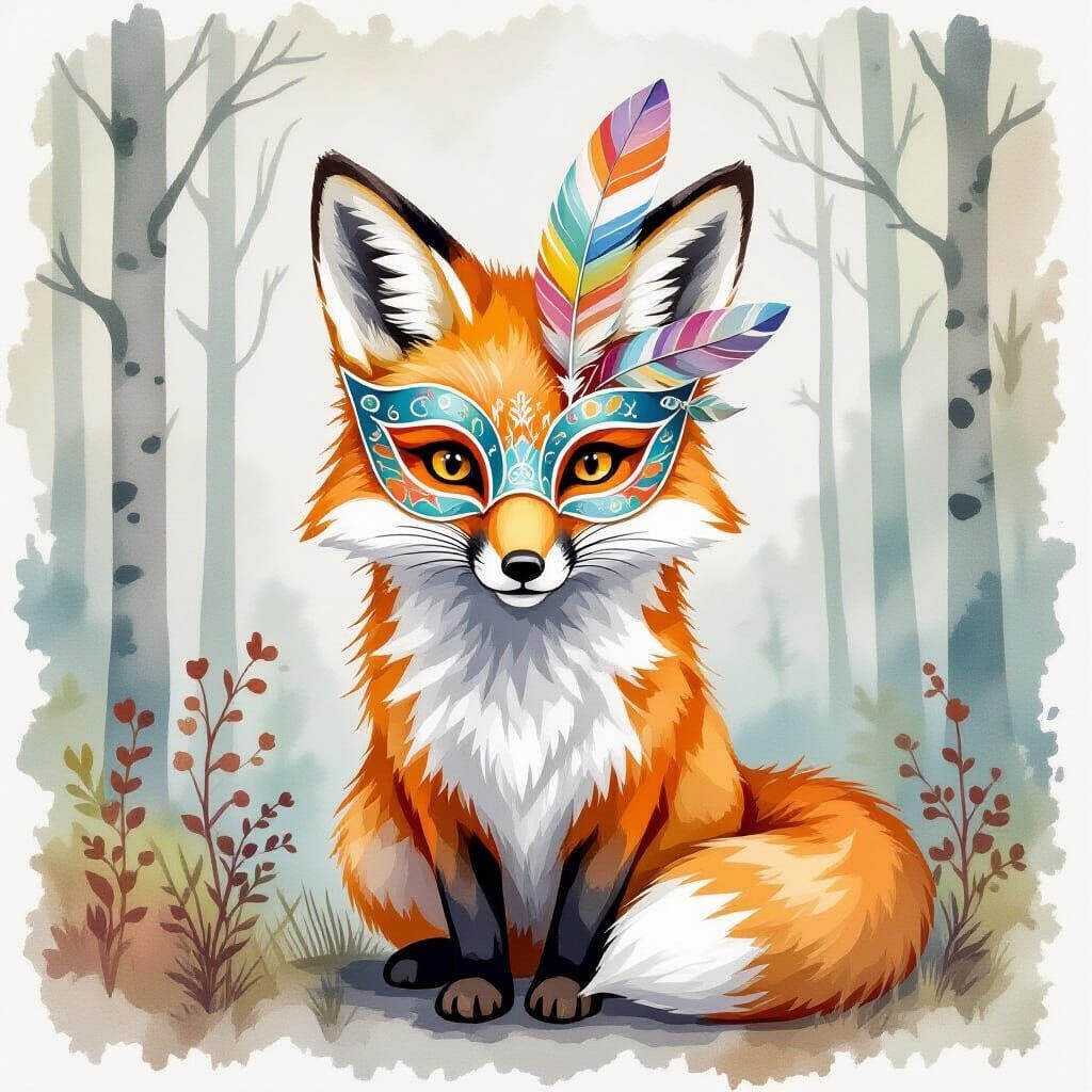 Woodland Fox in Feathered Mask, Watercolor Art