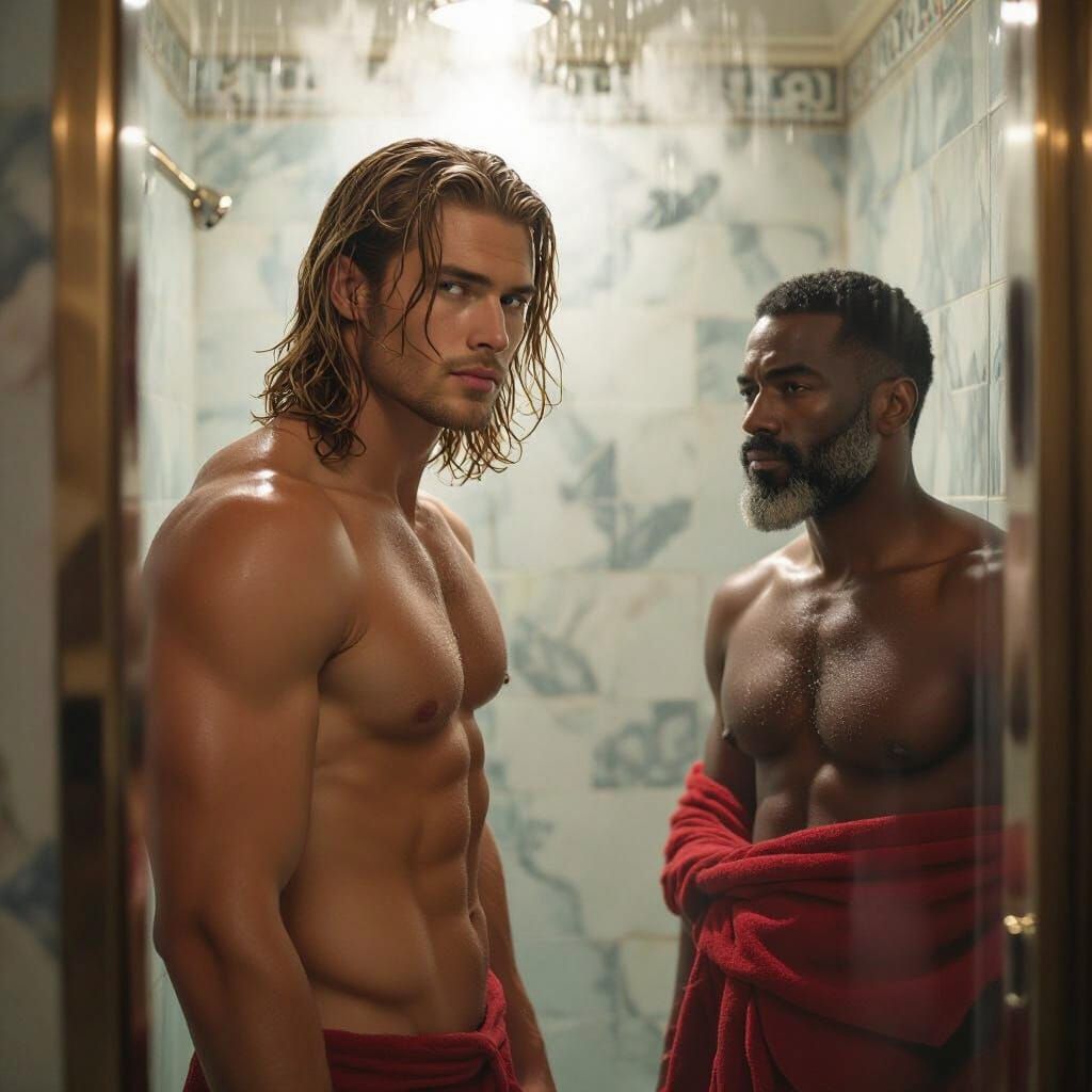 Steamy Art Deco Shower Scene with Two Men