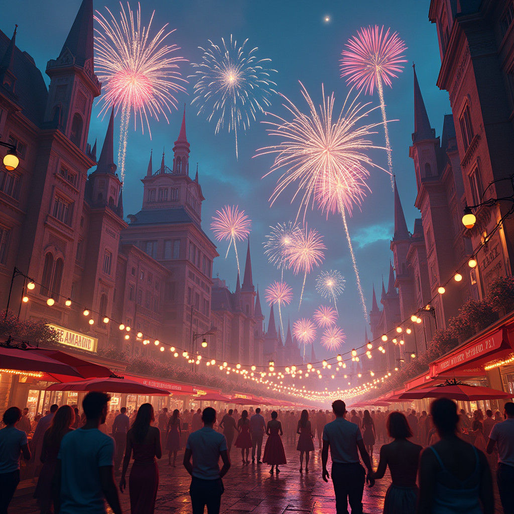 New Year Celebration in Dreamlike Cityscape