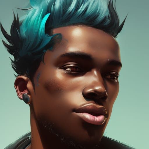 Black Boy Portrait with Teal Hair in Art Nouveau Style