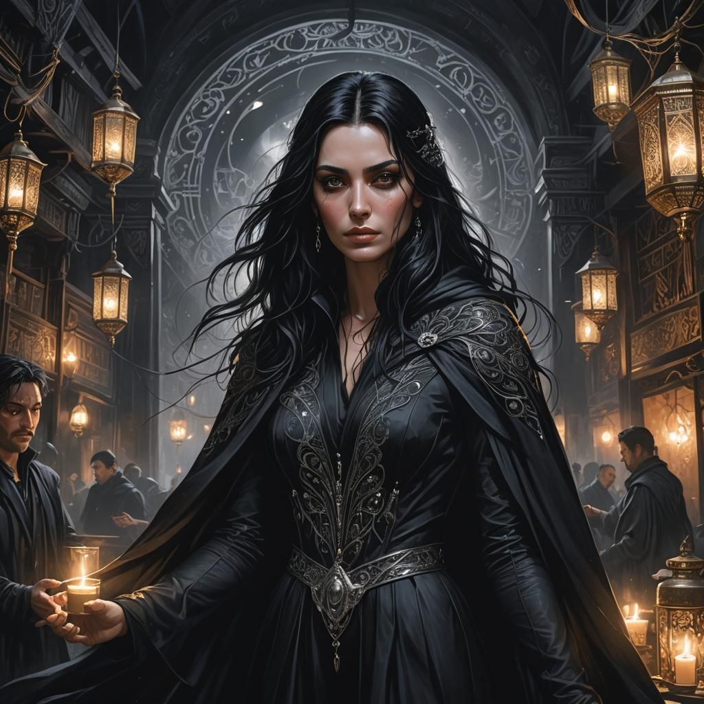 Raven-Haired Woman in Thieves' Den, Dark Fantasy Art