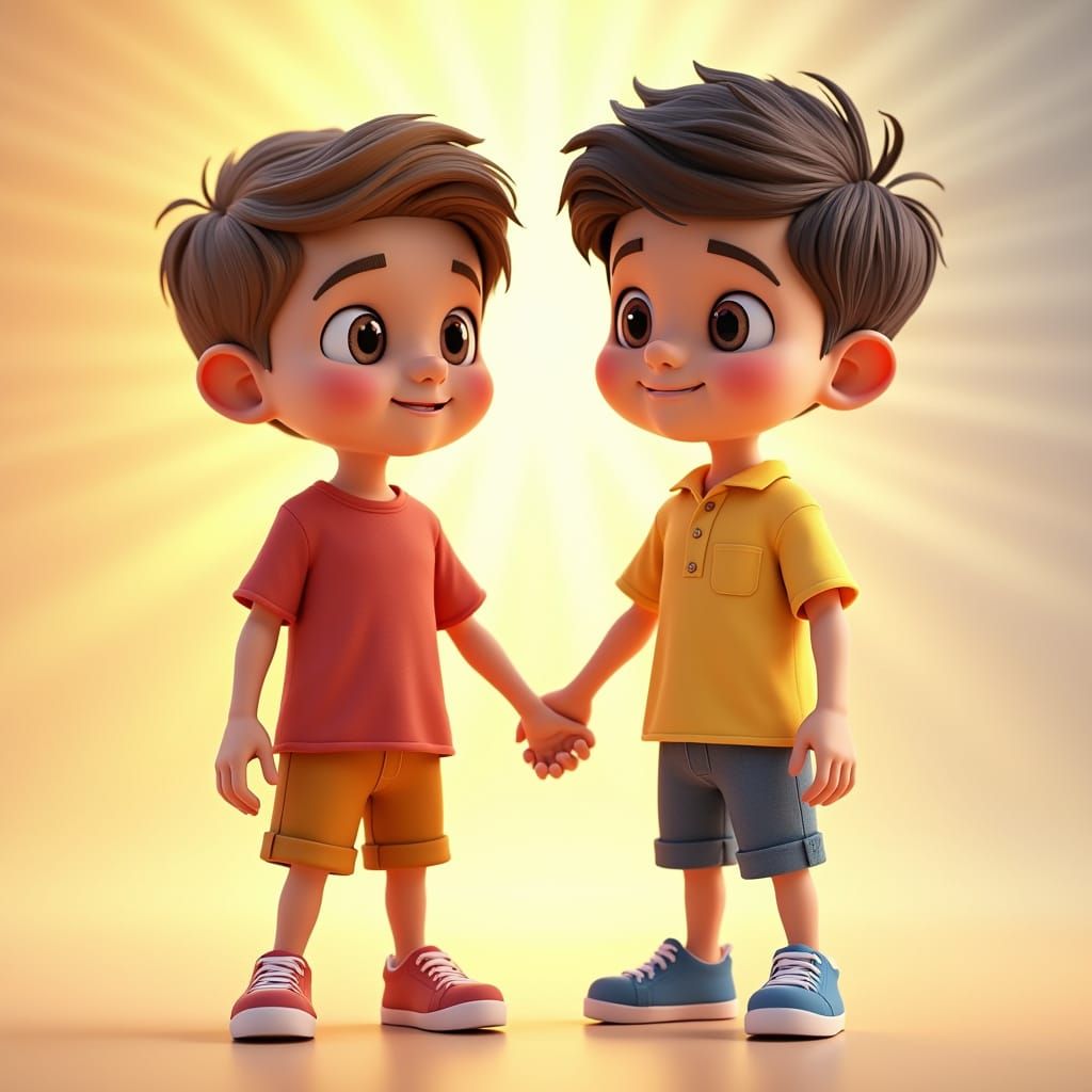 Two Boys Holding Hands in Pixar 3D Style