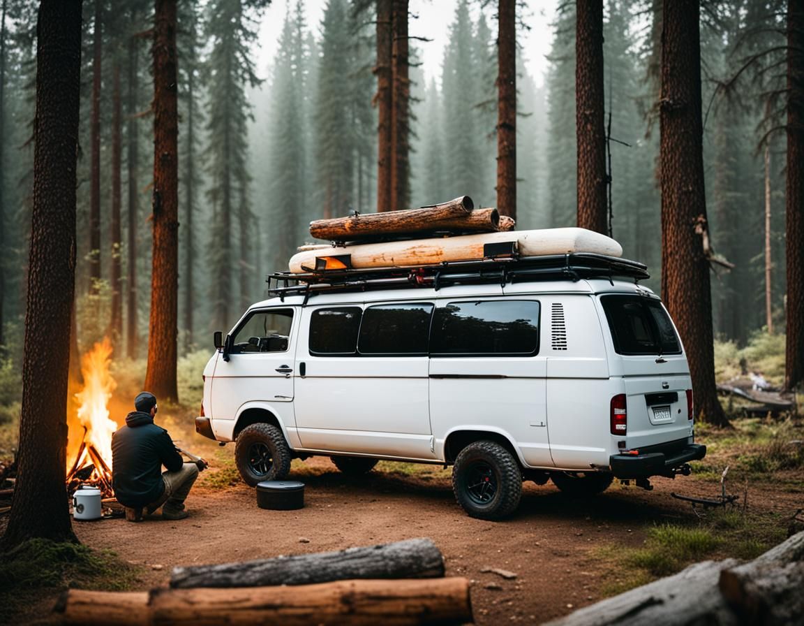 Van Life in Forest, Gouache and Watercolor Painting