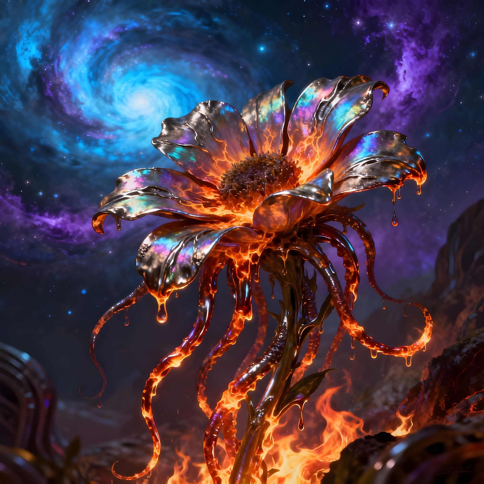 Fiery Tentacled Flower in Fantasy Digital Painting Style