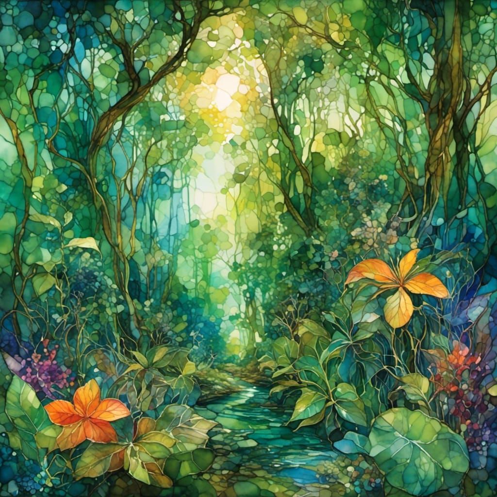 Rainforest Stained Glass in Watercolor and Alcohol Ink