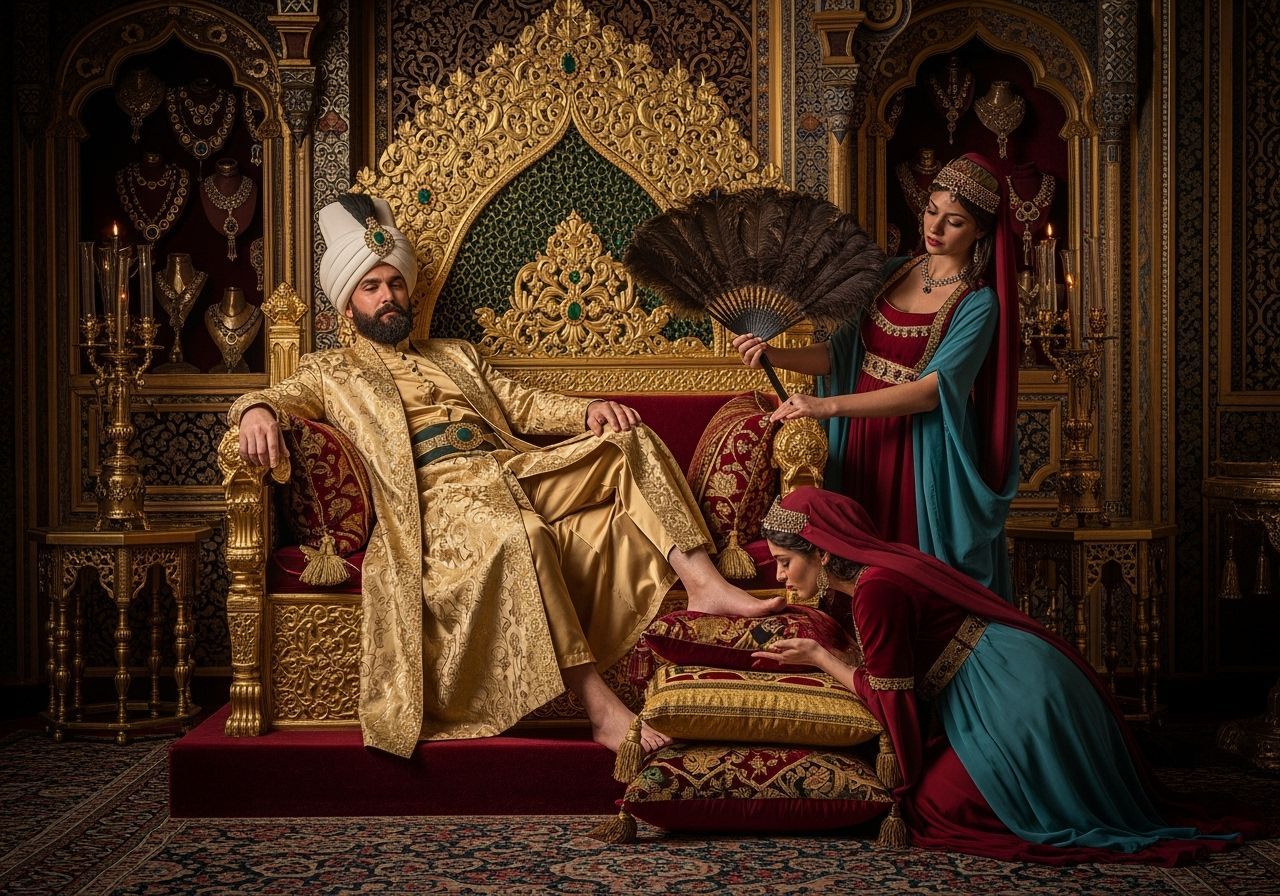 Ottoman Sultan on Gold Throne with Concubines