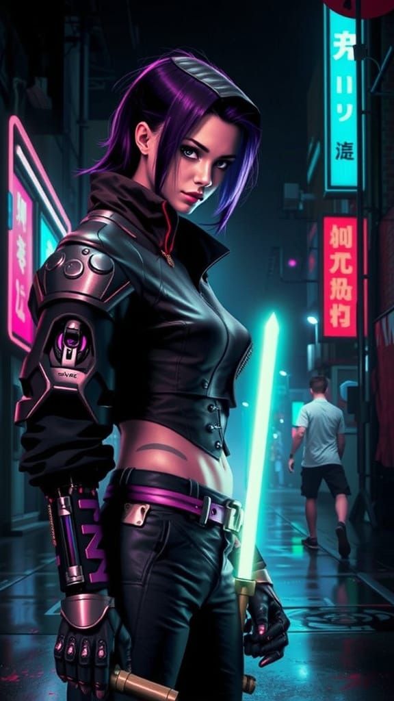 Cyborg Ninja Emerges with Glowing Laser Sword