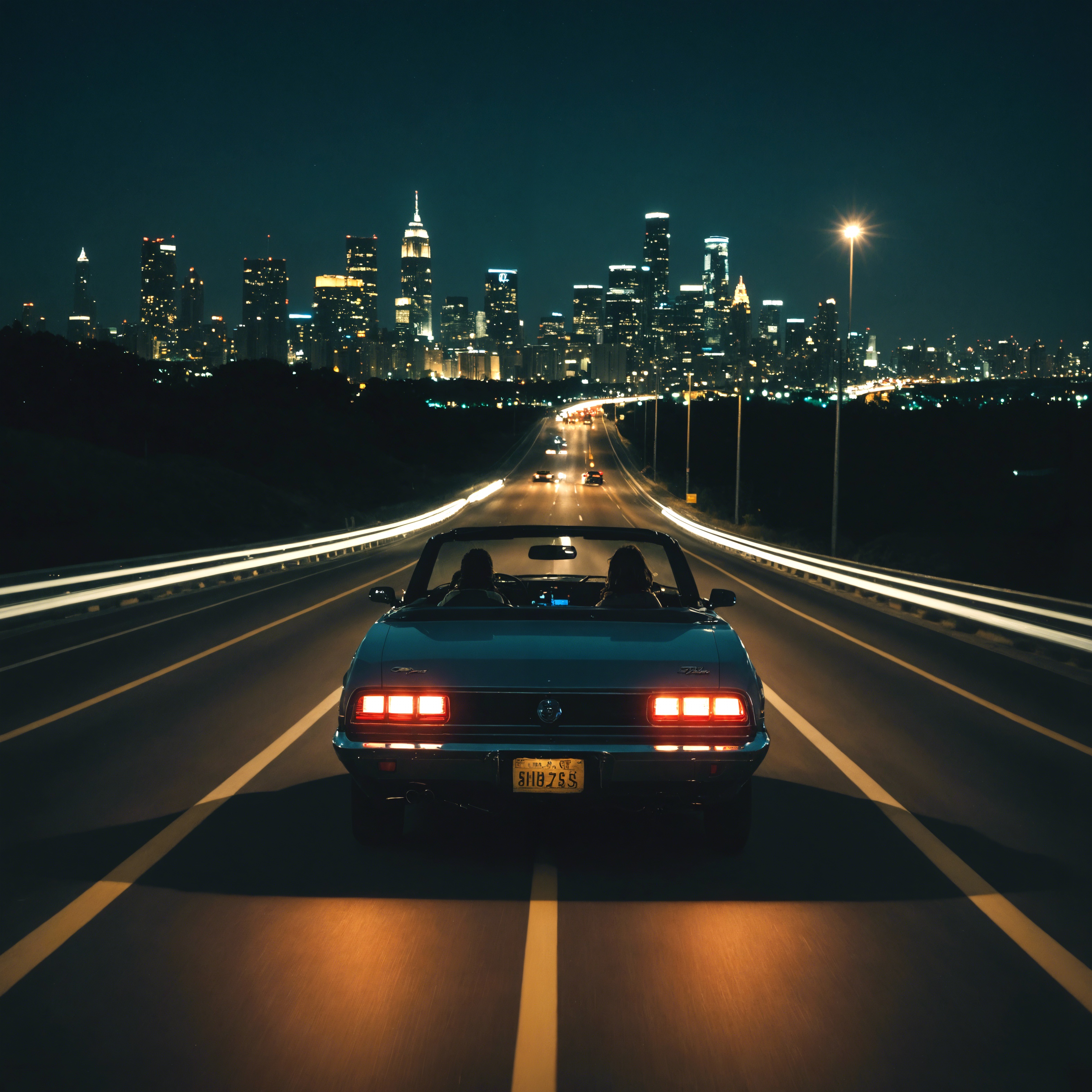 Convertible Car on Highway at Night, Cinematic Style
