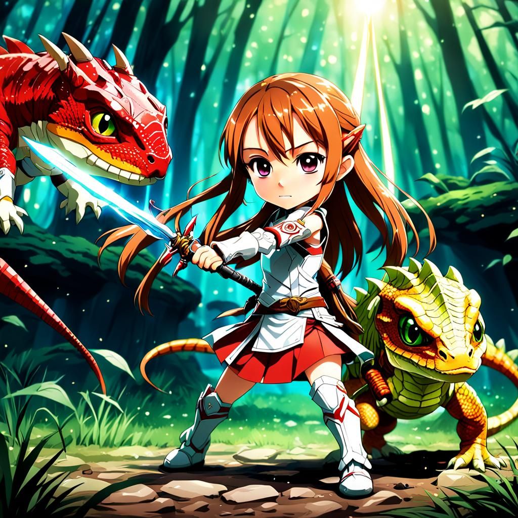 Asuna Battles Lizard Beast in Anime Style