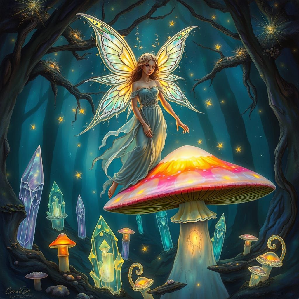 Celestial Being in Bioluminescent Forest, Art Nouveau Style