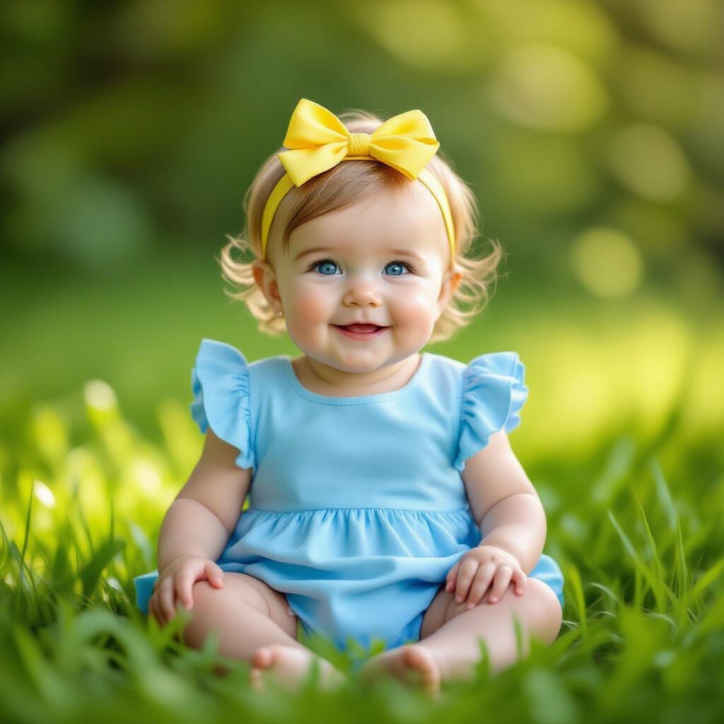Photorealistic Baby with Blue Eyes in Lush Grass