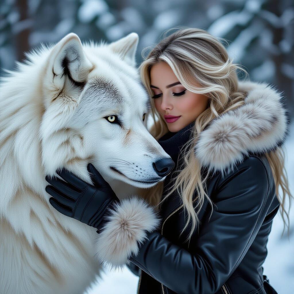 Blonde Woman and White Wolf in Snowy Forest