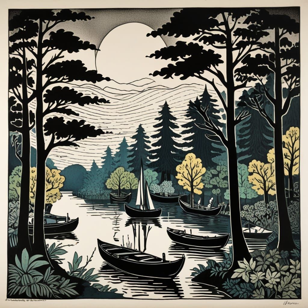 Boats and Trees: Abstract Expressionist Woodcut