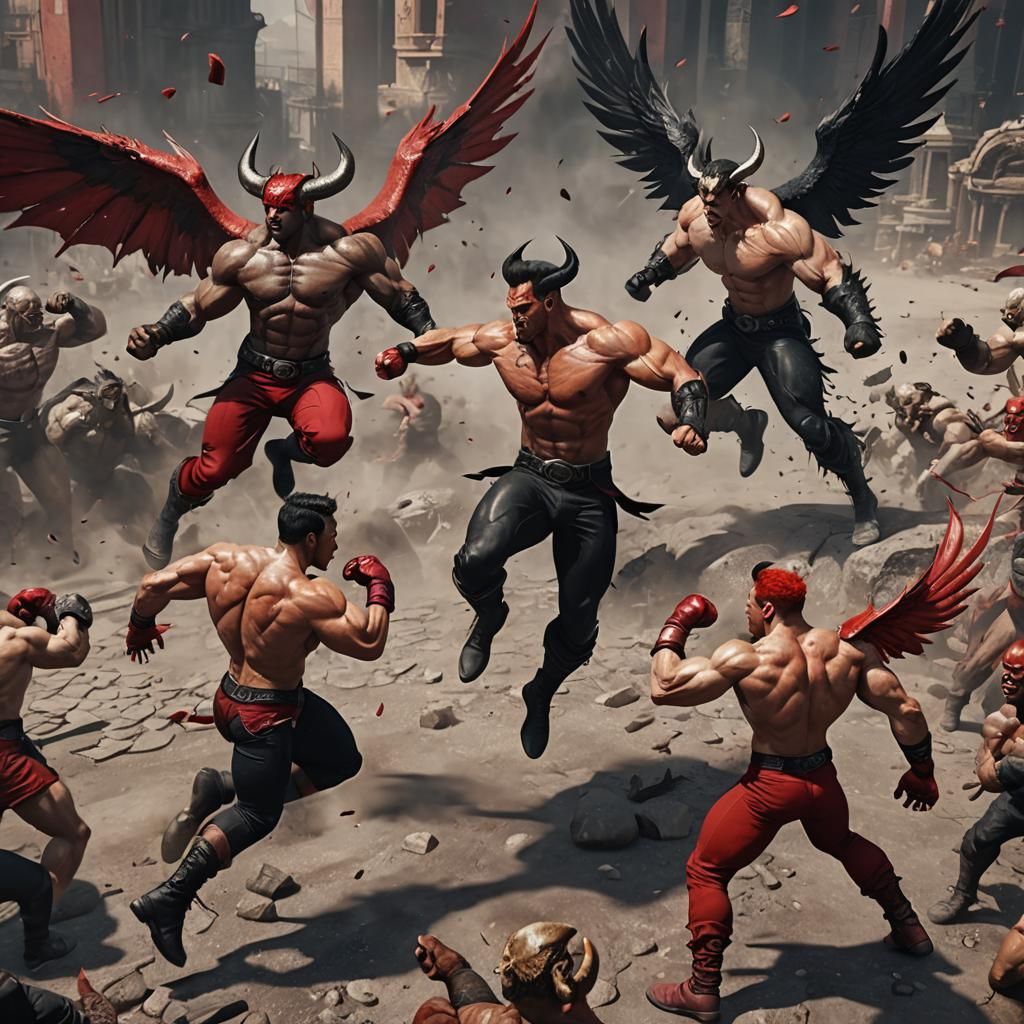 Shirtless Bodybuilder Fighters with Wings and Horns