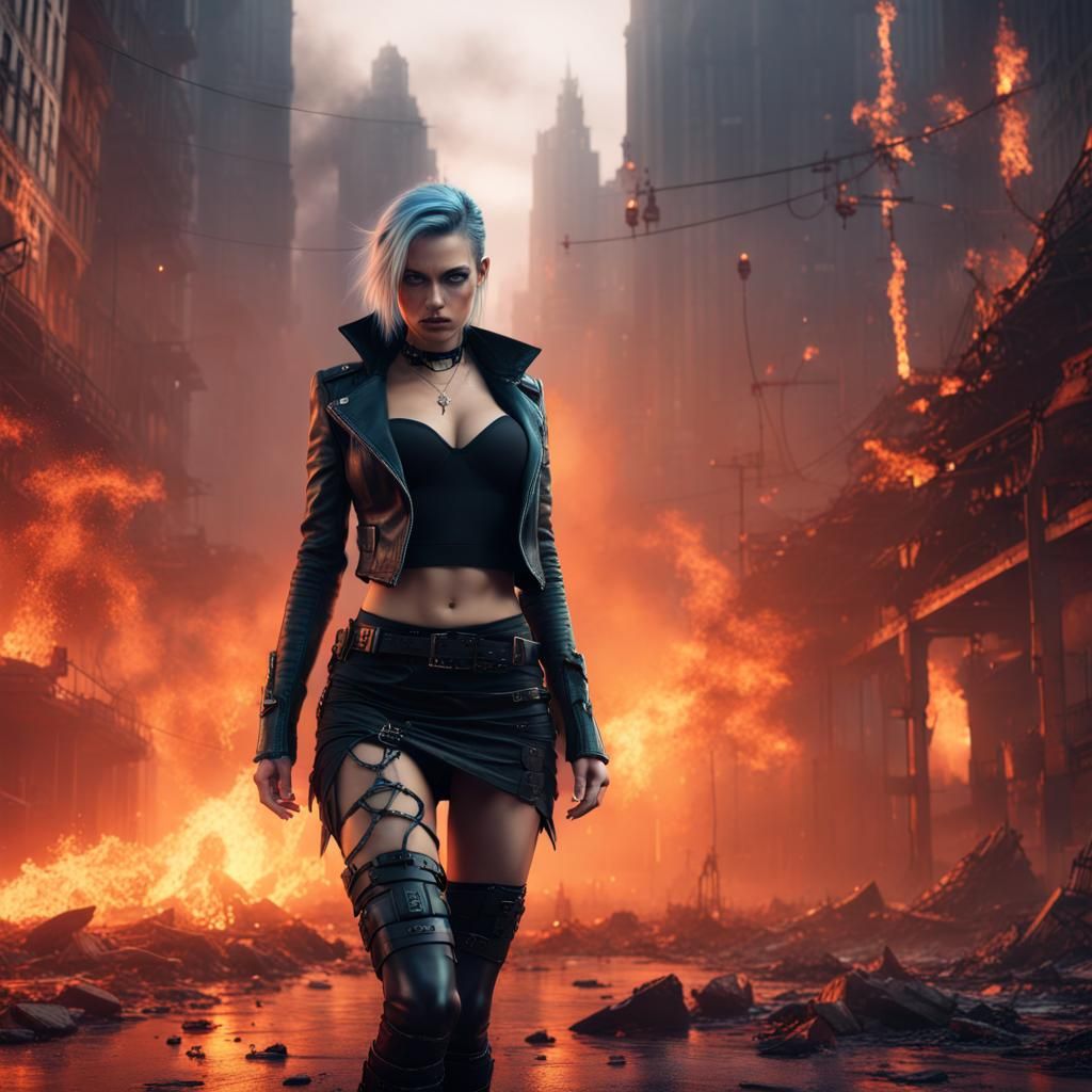 Gothic Woman in Burning Cyberpunk City