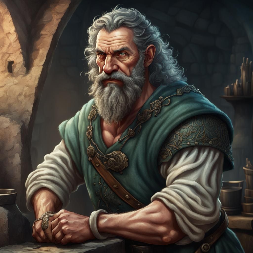 Kind Half-Orc Blacksmith in Detailed Fantasy Art