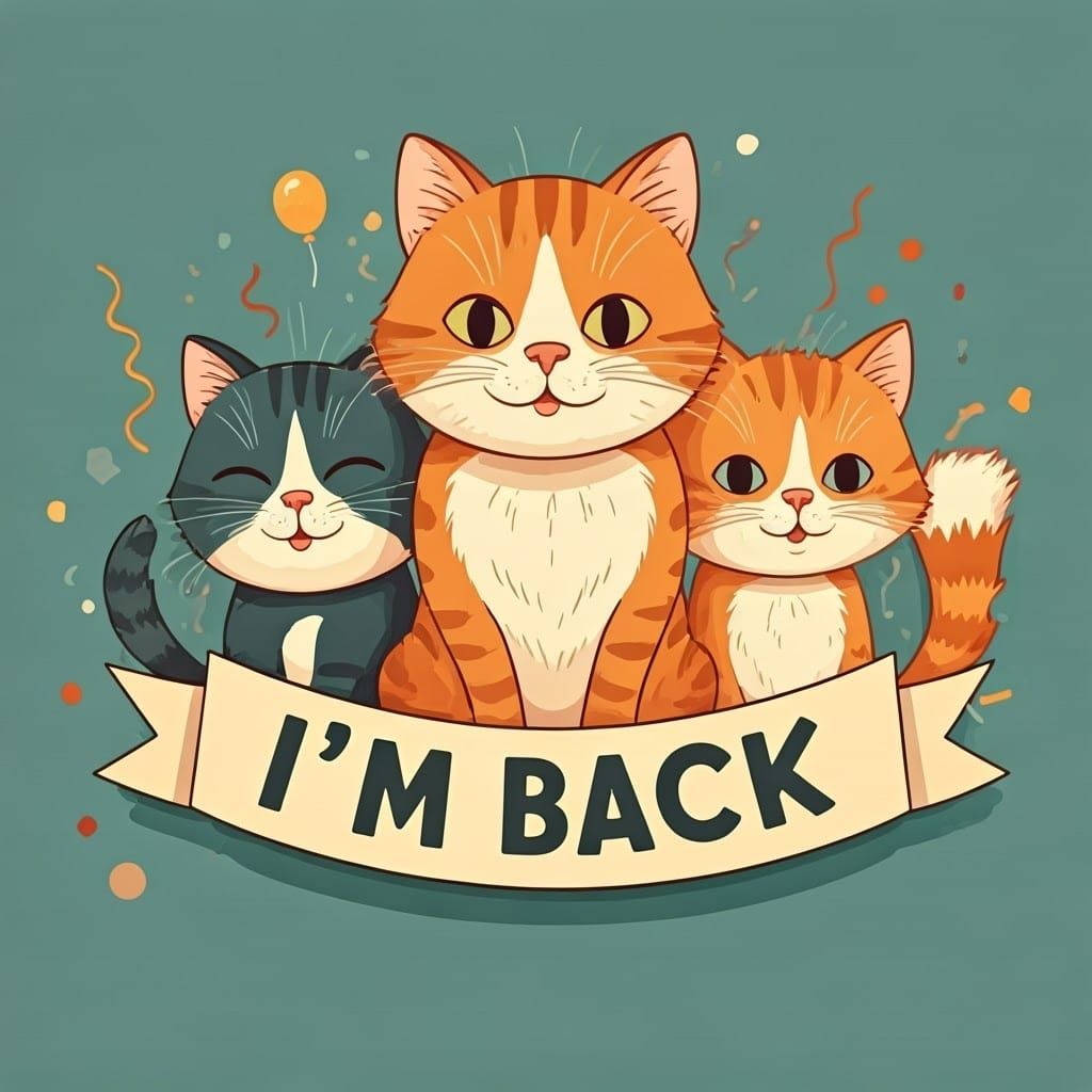 Adorable Cats Celebrate Return in Whimsical Cartoon Style